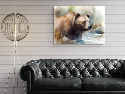 a large painting of a bear hanging on a wall above a black leather couch in a living room setting.