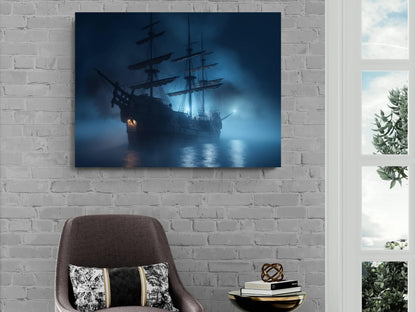 Pirate Ship in Fog Canvas Art, Blue Misty Nautical Print, Moody Maritime Wall Decor, Atmospheric Sailing Ship Painting