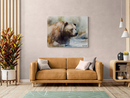 Grizzly Bear River Closeup | Brown Bear Watercolor Forest Series | Canvas Print | Wildlife Art | Archer Kincaid | watercolor bear
