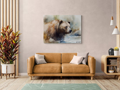 Grizzly Bear River Closeup | Brown Bear Watercolor Forest Series | Canvas Print | Wildlife Art | Archer Kincaid | watercolor bear