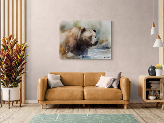 Grizzly Bear River Closeup | Brown Bear Watercolor Forest Series | Canvas Print | Wildlife Art | Archer Kincaid | watercolor bear