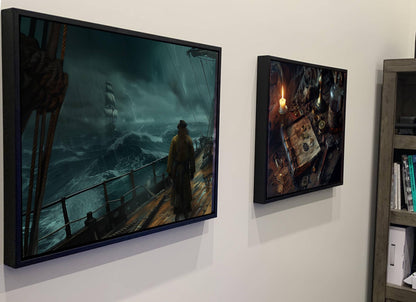 Pirate Captain Storm Deck Canvas, Lightning Ocean Print, Ship Battle Watch Wall Decor, Dramatic Maritime Tempest Painting