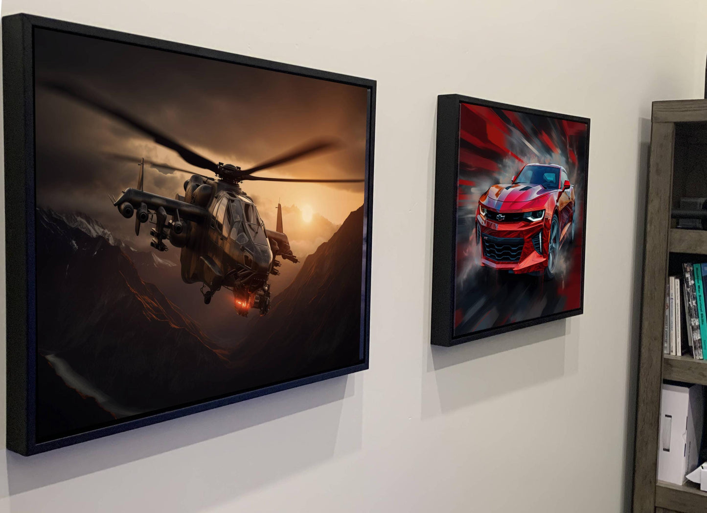 two framed artworks hanging on a wall. The left artwork depicts a helicopter flying over a mountainous landscape, while the right artwork shows a red sports car in motion.