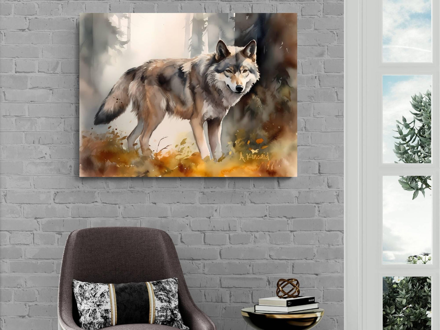 a wolf standing in a forest, with a brick wall and a window in the background.