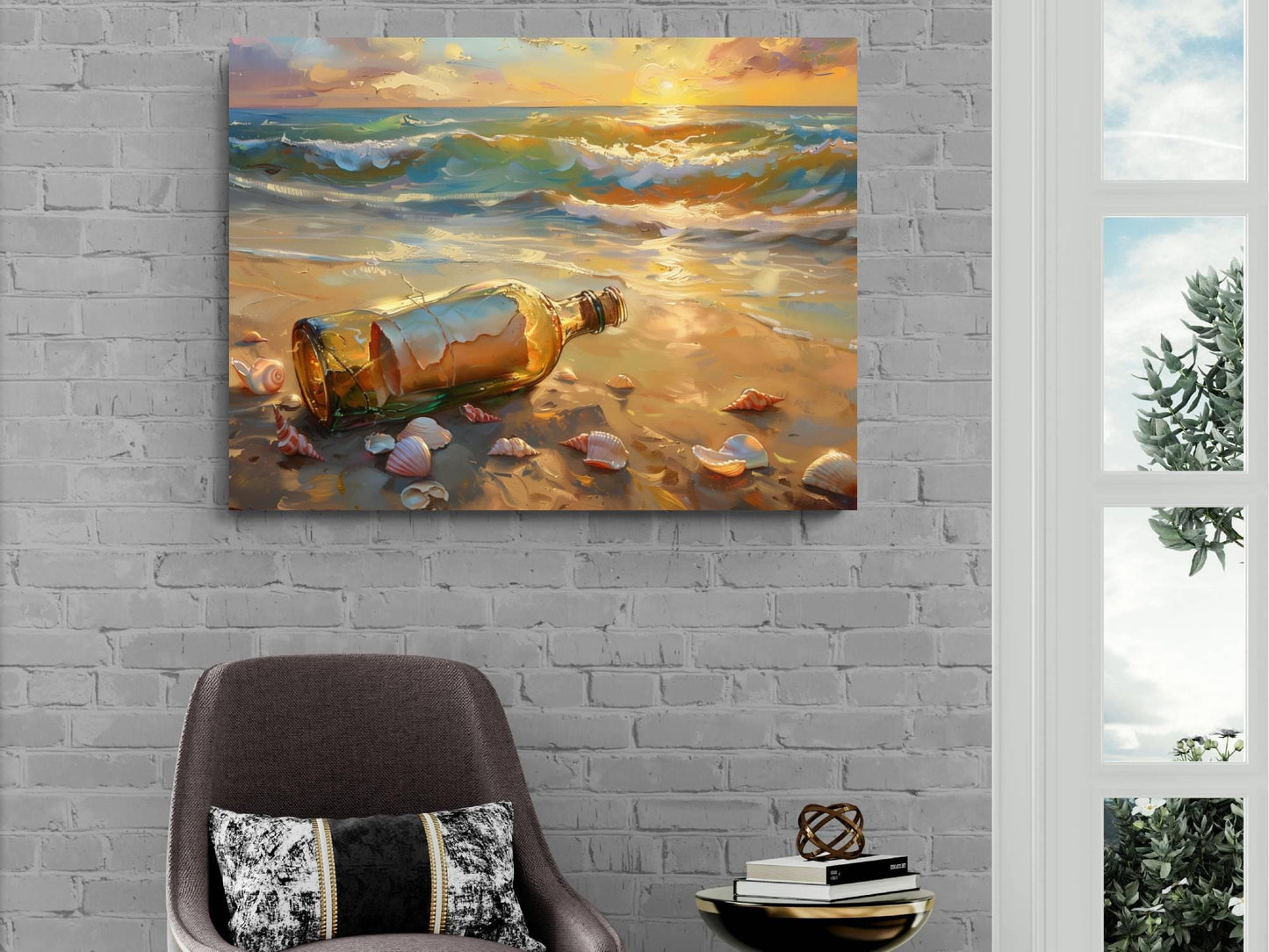 Message in Bottle Canvas, Pirate Beach Sunset Print, Romantic Ocean Wall Decor, Seashell Shore Oil Painting Style, Maritime Mystery