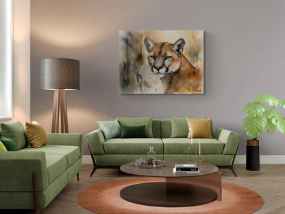 Mountain Lion Portrait  | Canvas Print | Wildlife Art | Cabin Art | Forest Art | Archer Kincaid