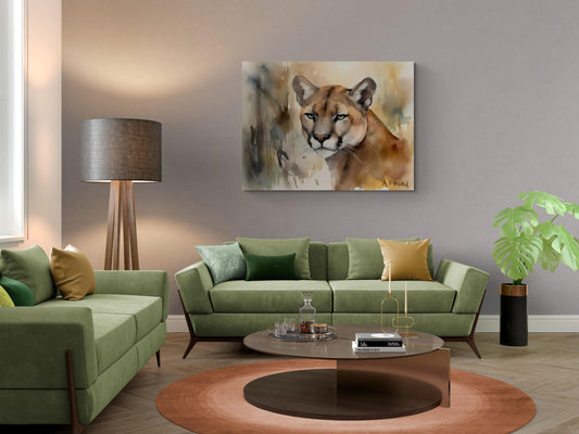 Mountain Lion Portrait  | Canvas Print | Wildlife Art | Cabin Art | Forest Art | Archer Kincaid