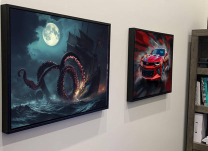 Kraken Attack Pirate Ship Canvas, Giant Octopus Tentacles Print, Fantasy Nautical Wall Decor, Moonlit Sea Monster Painting