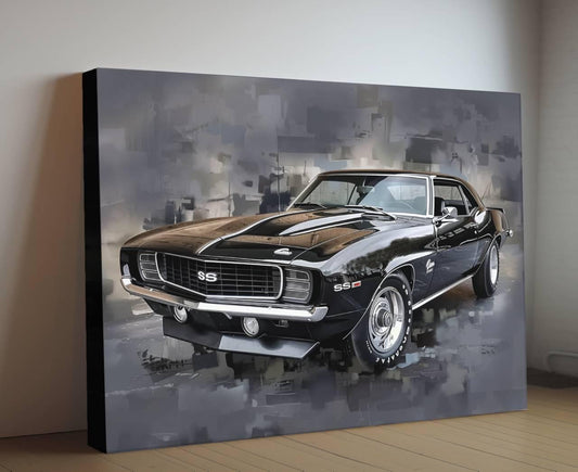 1969 Chevrolet Camaro RS/SS Canvas Print | Vintage Auto Wall Art Decor | Black Retro Muscle Car | Car Lovers Poster Gift