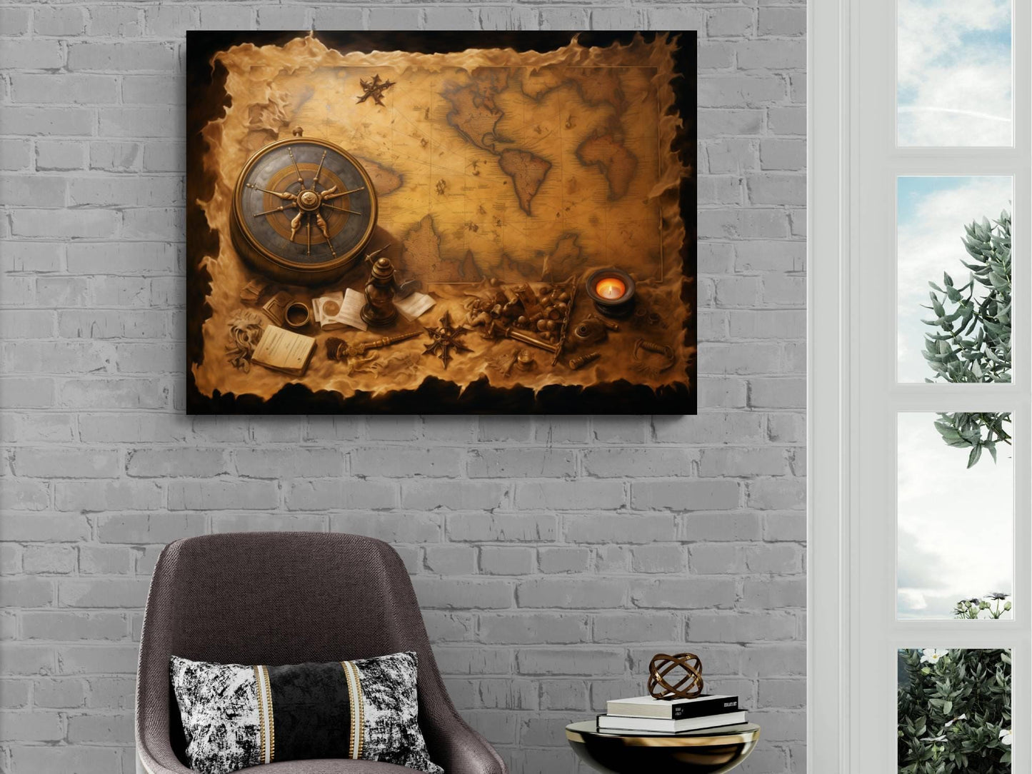 Pirate Treasure Map Canvas Art, Vintage Compass Print, Nautical Navigation Wall Decor, Old World Map Painting, Maritime Adventure Art