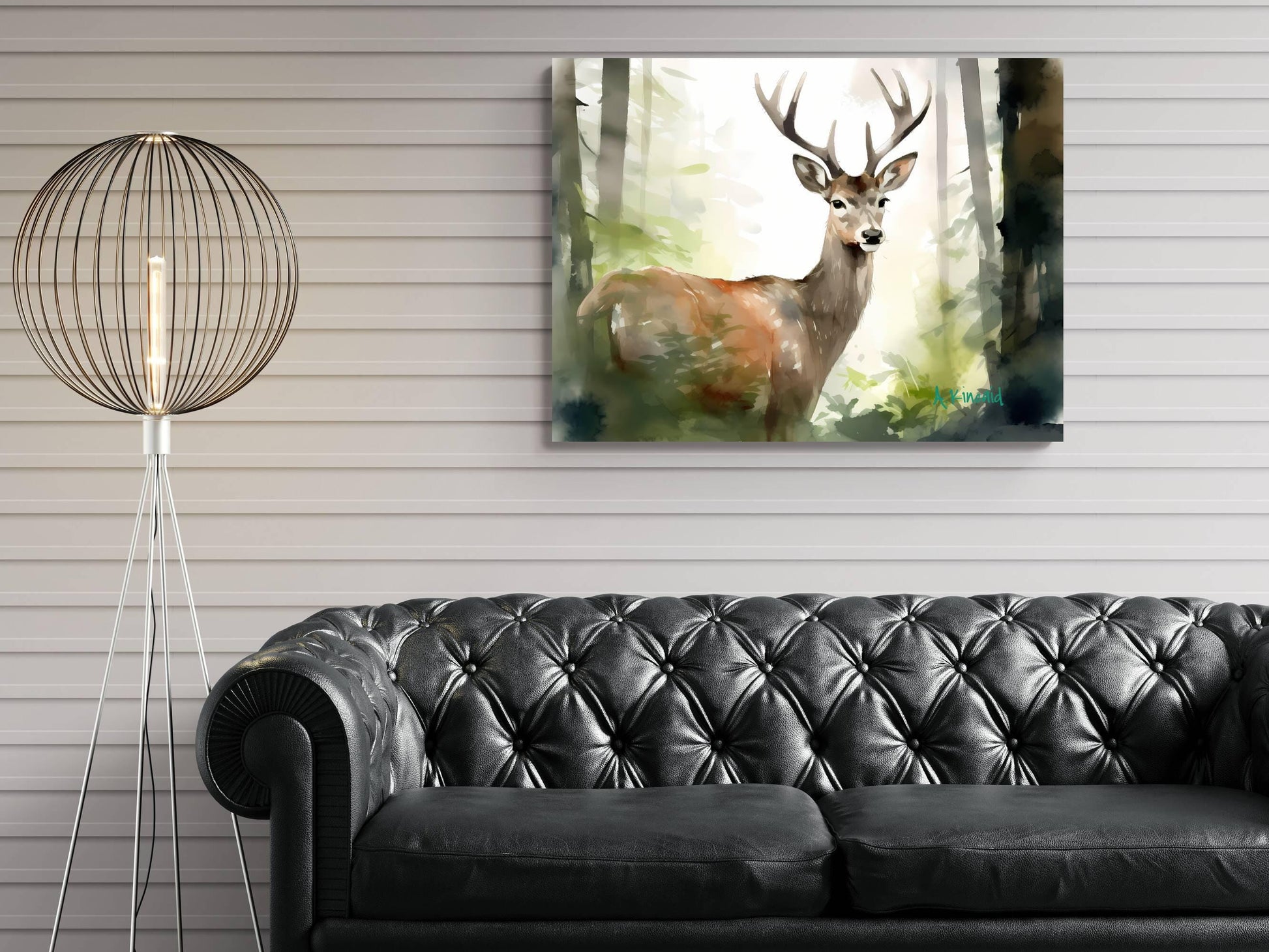 a black leather sofa in a living room setting, with a painting of a deer hanging on the wall above it.