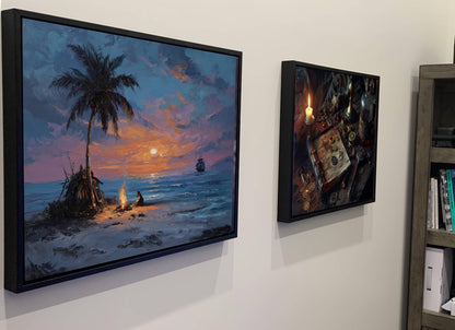 Pirate Castaway Island Canvas, Marooned Sailor Print, Deserted Beach Sunset Wall Decor, Signal Fire Oil Painting Style