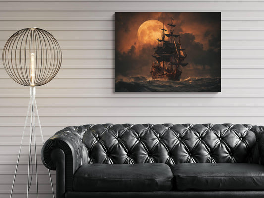Pirate Ship Full Moon Canvas, Orange Sunset Nautical Print, Gothic Maritime Wall Decor, Stormy Ocean Sailing Artwork
