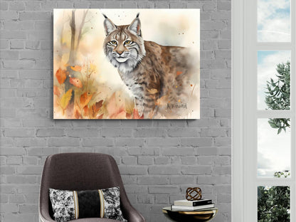 a painting of a cat, specifically a bobcat, hanging on a brick wall.
