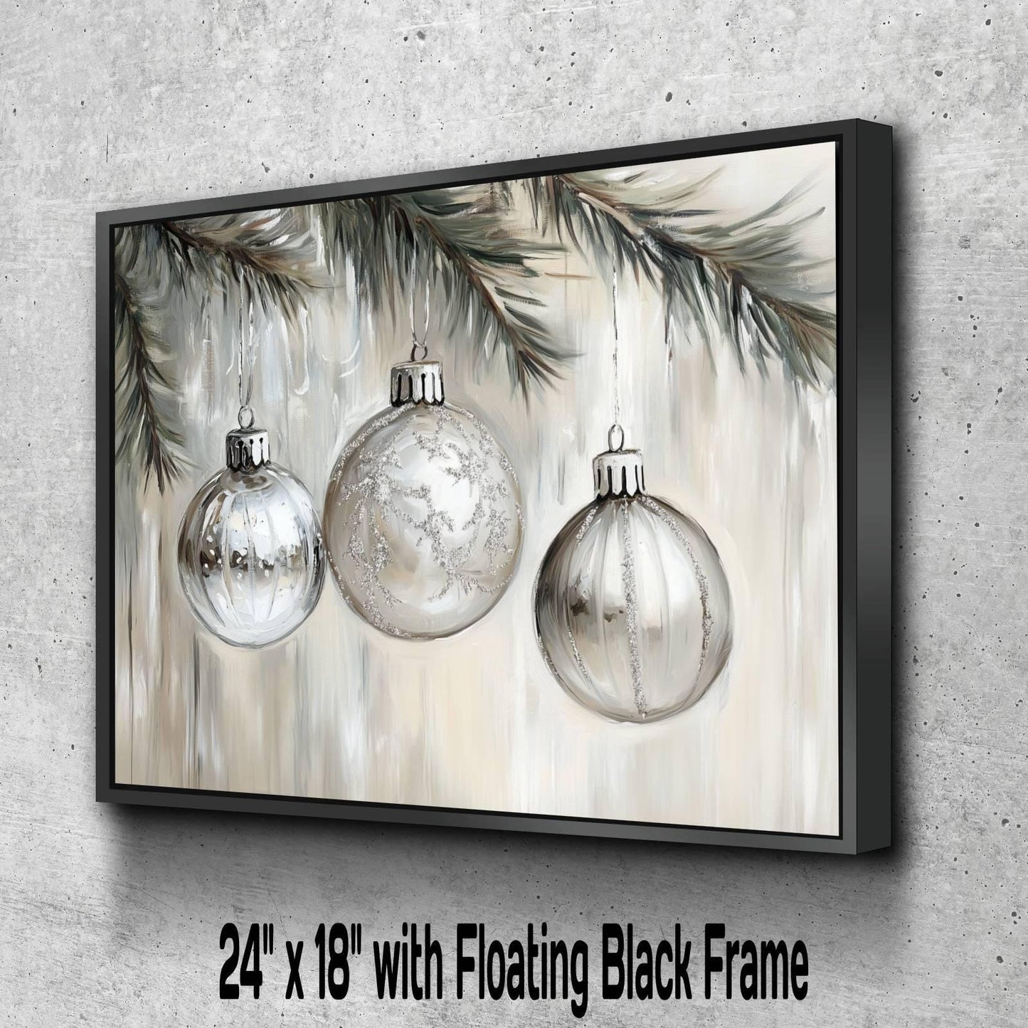 Silver Christmas Ornaments Print | Glass Baubles Evergreen Branch Art | Holiday Tree Decorations Wall Decor | Xmas Ornament Painting