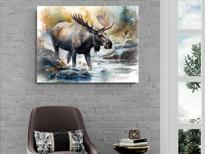 a large painting of a moose standing in a river, surrounded by a forest and rocks.