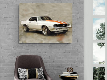 1969 Chevrolet Camaro RS/SS White Orange Canvas Print | Vintage Auto Wall Art Decor | Retro Muscle Car | Car Lovers Poster Gift