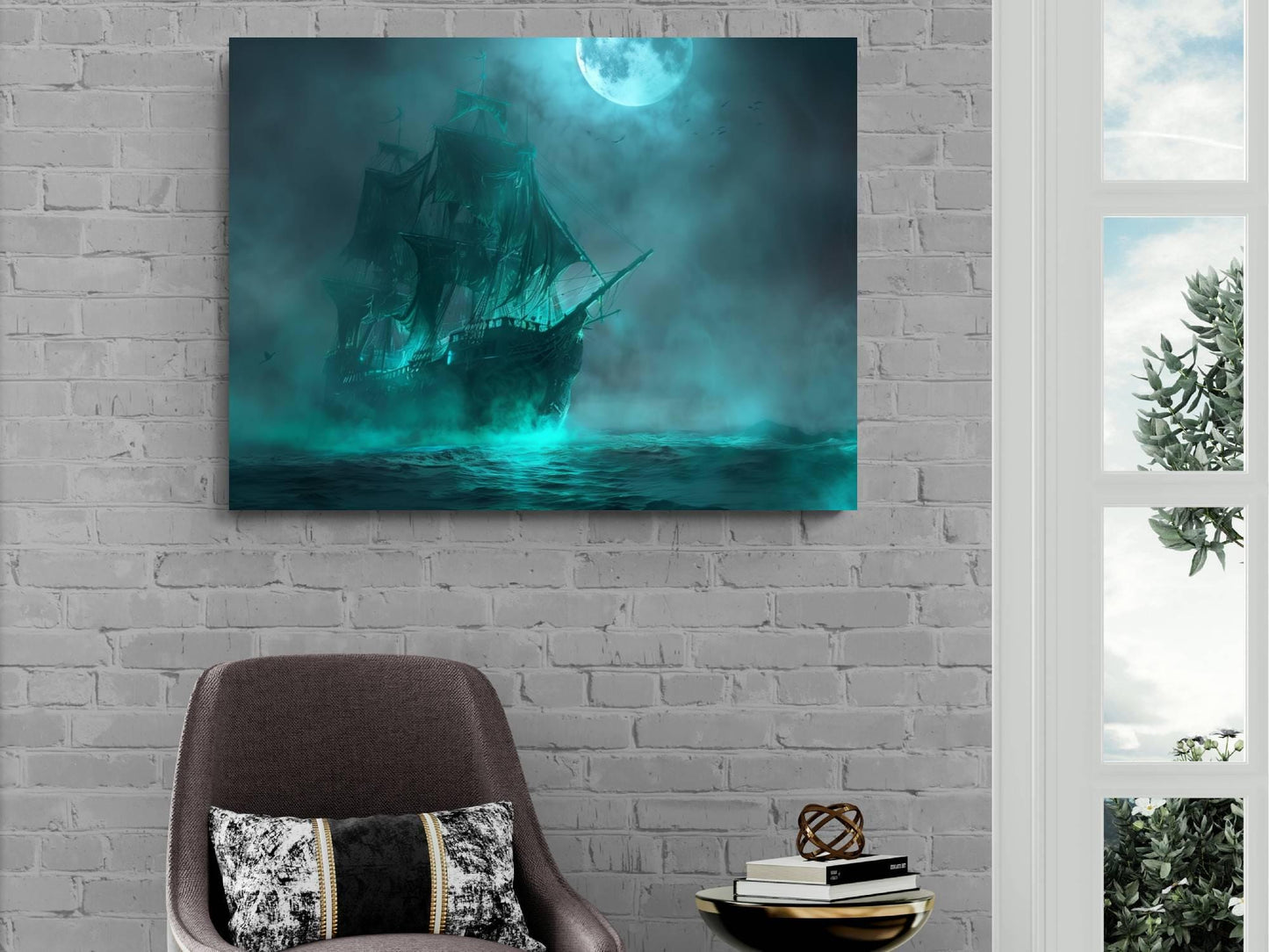 Ghost Ship Canvas Print, Ethereal Pirate Vessel Wall Decor, Spectral Galleon Teal Fog Painting, Haunted Maritime Fantasy Artwork