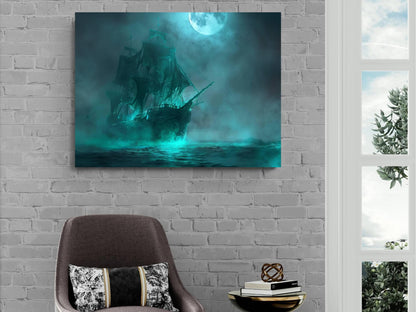 Ghost Ship Canvas Print, Ethereal Pirate Vessel Wall Decor, Spectral Galleon Teal Fog Painting, Haunted Maritime Fantasy Artwork