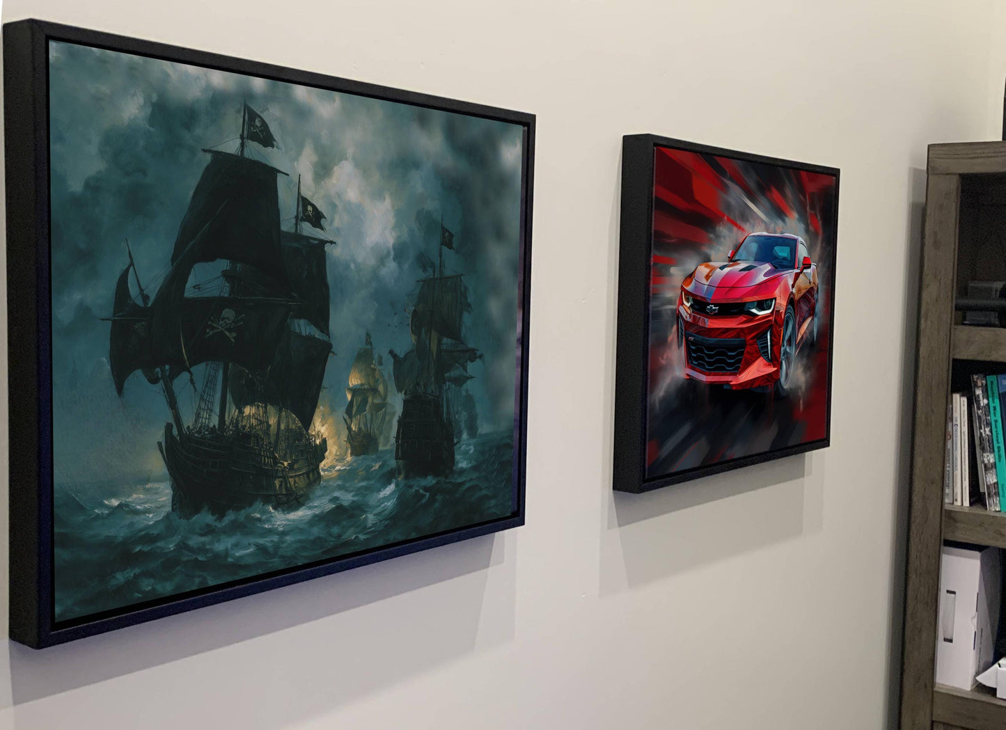 Pirate Naval Battle Canvas, Sea Warfare Ships Print, Jolly Roger Fleet Wall Decor, Burning Vessels Teal Ocean Painting