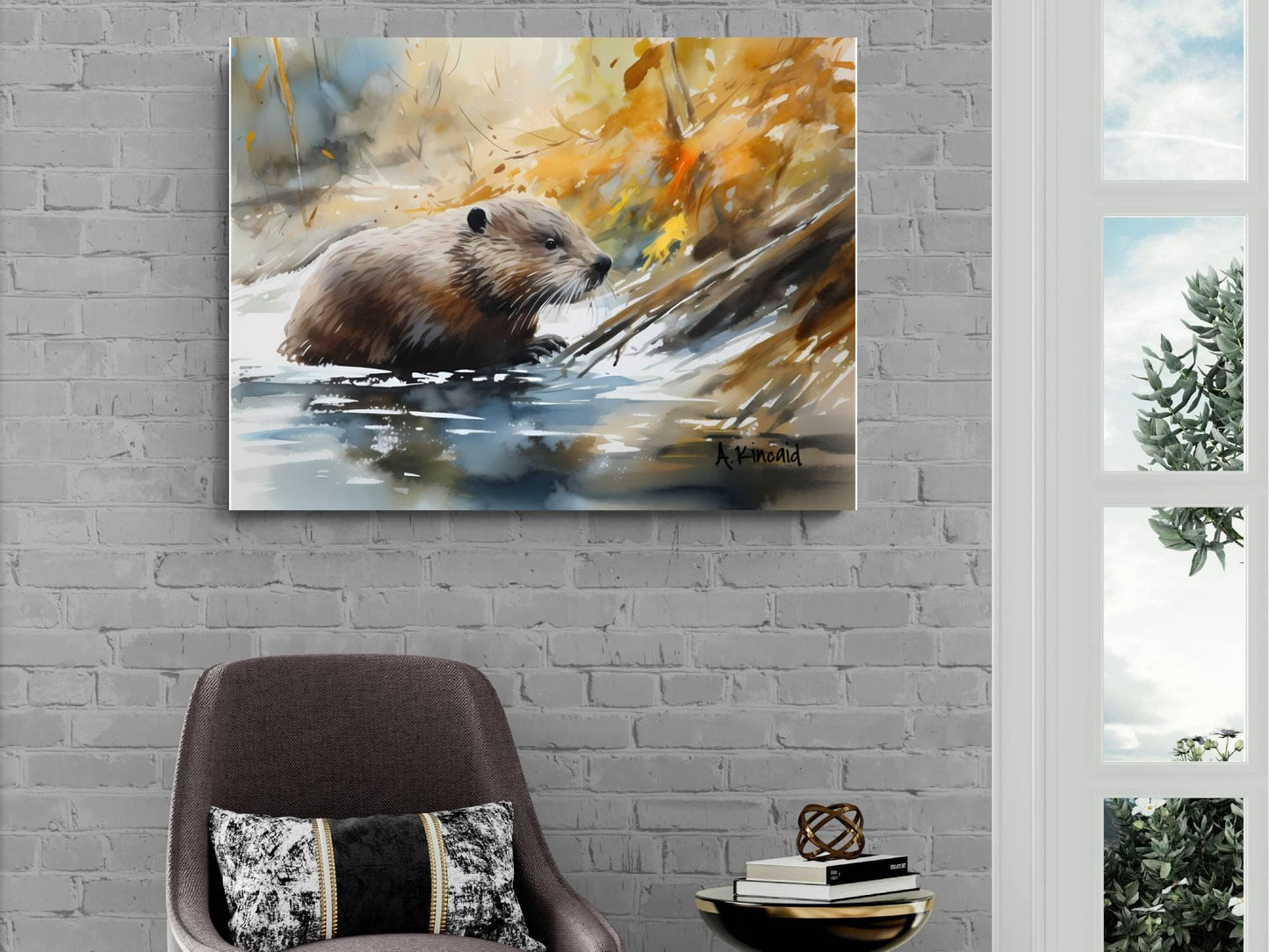 a painting of a beaver in a river, hanging on a brick wall.