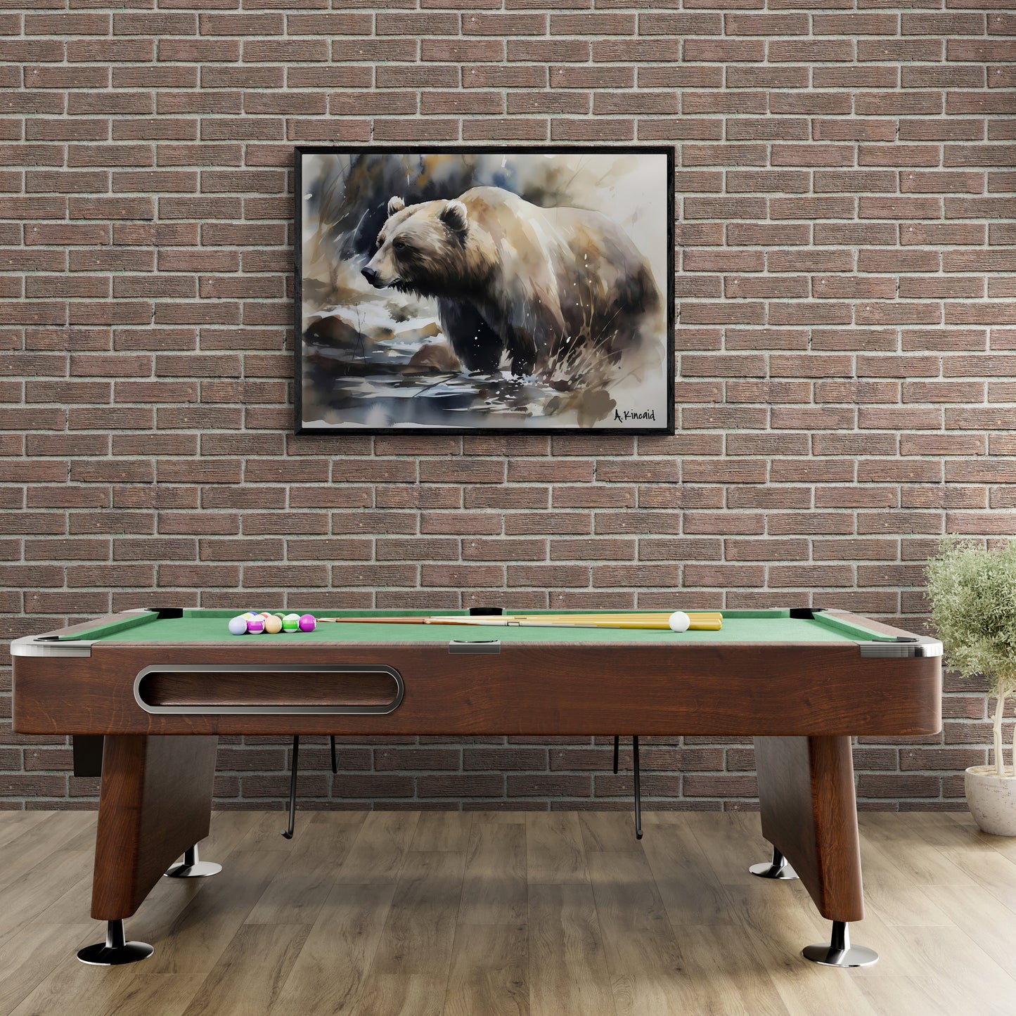 Grizzly Bear in Serene Stream | Brown Bear Watercolor Forest Series | Canvas Print | Wildlife Art | Cabin Art | Archer Kincaid