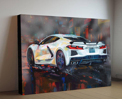 2025 C8 Corvette White Rear View Canvas Wall Art | Chevrolet Sportscar Print | Modern Auto Poster | Car Lover Gift | C8 Vette Decor