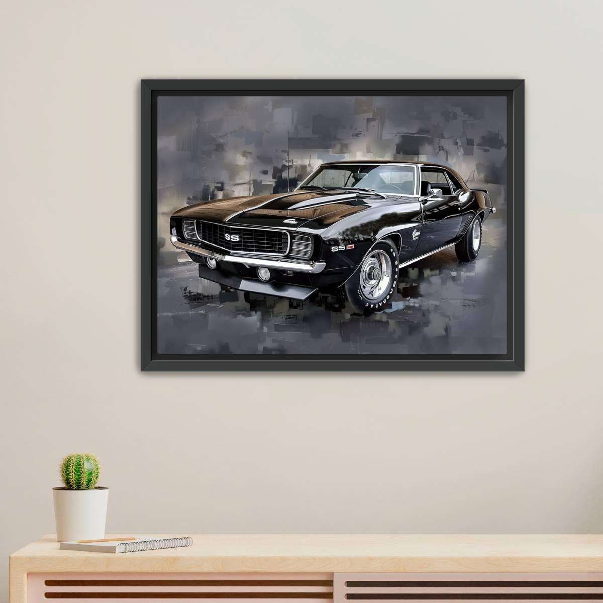 1969 Chevrolet Camaro RS/SS Canvas Print | Vintage Auto Wall Art Decor | Black Retro Muscle Car | Car Lovers Poster Gift