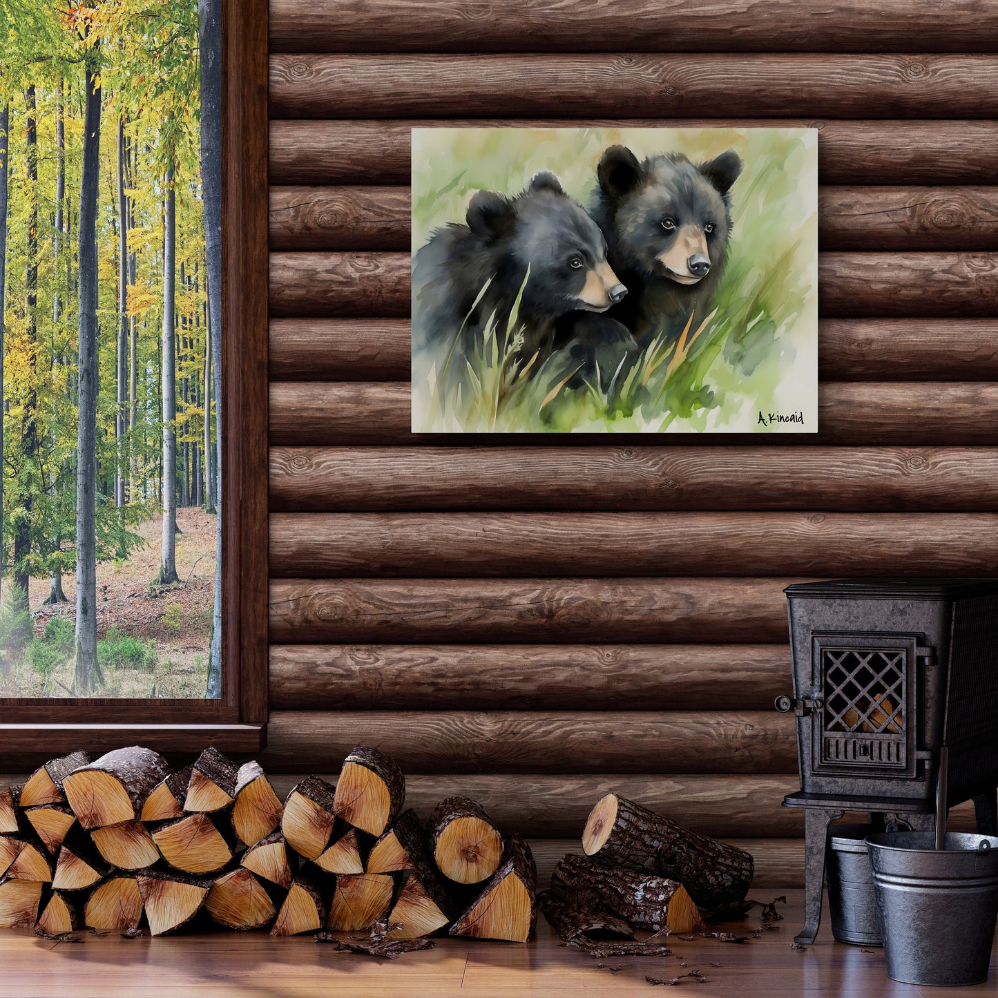 Black Bear Cubs in Grass | Canvas Print | Wildlife Art | Cabin Art | Forest Art | Archer Kincaid | watercolor bears | baby bear watercolor