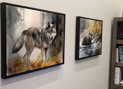 two framed paintings of animals, one of a wolf and the other of a bear, hanging on a wall.