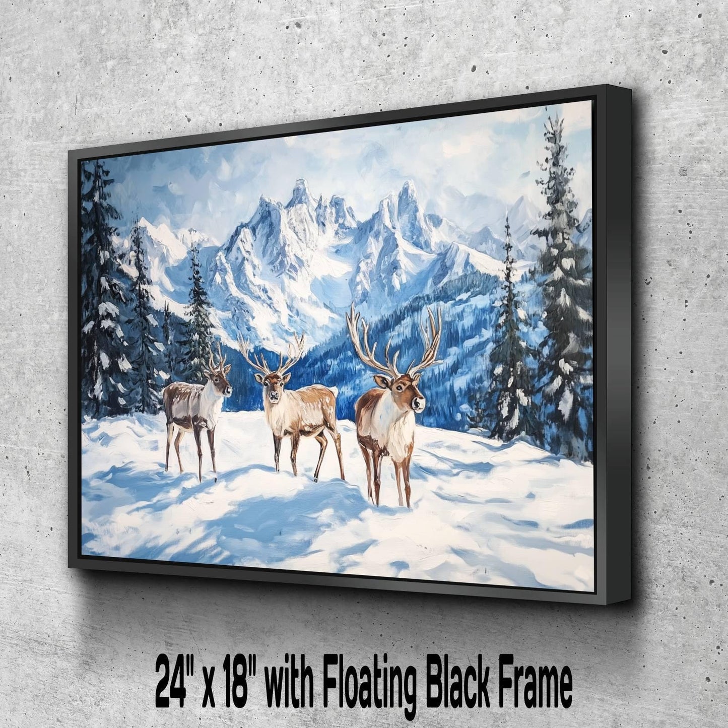 Winter Reindeer Art Print | Snowy Mountain Landscape Wall Decor | Christmas Caribou Nature Painting | Alpine Wildlife Scene | Xmas Animals
