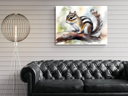 a painting of a squirrel perched on a branch, hanging on a wall above a black leather couch.