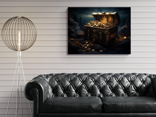 Pirate Treasure Chest Canvas Art, Gold Coins Print, Dark Nautical Wall Decor, Maritime Wealth Painting, Adventure Home Art