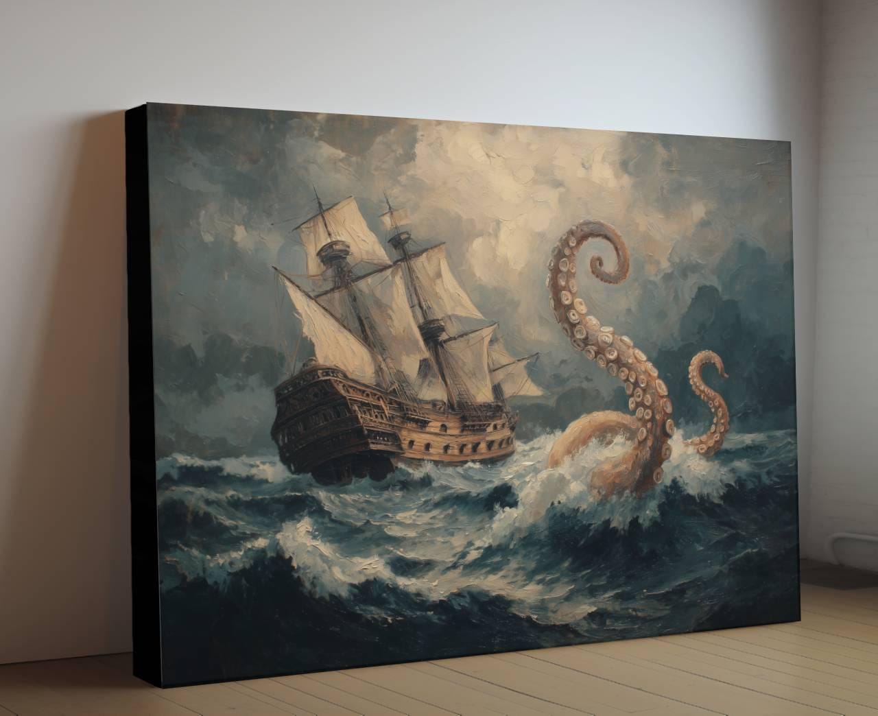 Vintage Kraken Pirate Ship Canvas, Oil Painting Style Octopus Print, Classic Maritime Wall Decor, Stormy Sea Monster Artwork