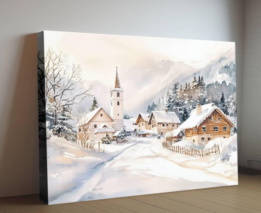 Alpine Winter Village Print | Snowy Mountain Church Wall Art |European Cottage Landscape | Christmas Watercolor Painting | Rustic Snow Scene