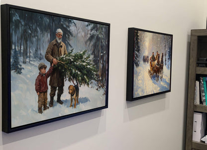 Christmas Tree Cutting Art Print | Grandfather Child Winter Forest | Holiday Tradition Wall Decor | Snowy Woods Family Scene | Xmas Tree