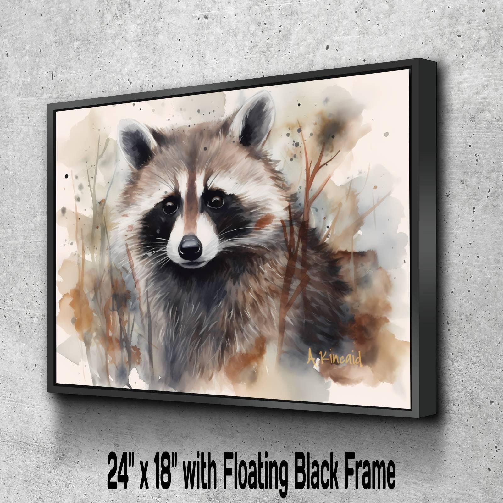 A raccoon painted in a watercolor style, with a black frame.