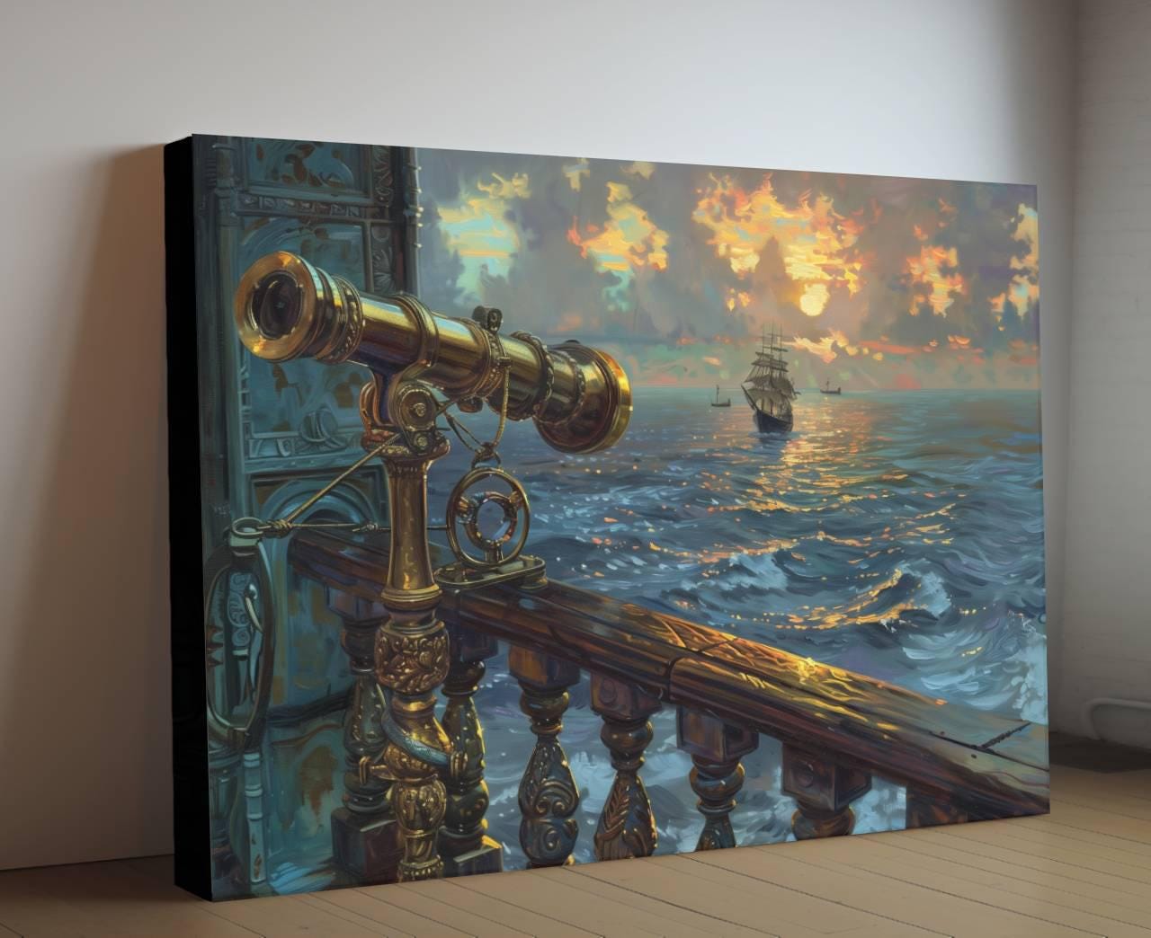 Brass Pirate Spyglass Telescope Canvas, Ornate Navigation Tool Print, Sunset Ocean View Wall Decor, Maritime Equipment Painting