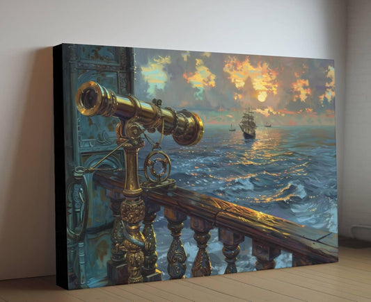 Brass Pirate Spyglass Telescope Canvas, Ornate Navigation Tool Print, Sunset Ocean View Wall Decor, Maritime Equipment Painting