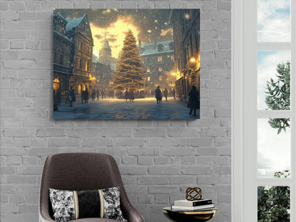 Christmas Town Square Print | Snowy Evening Tree Lights Wall Art | Holiday Market Scene Painting | Festive Winter Village |Xmas Street Decor