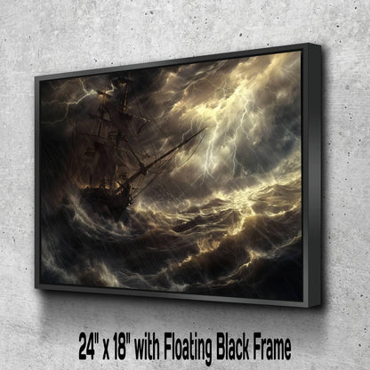 Pirate Ship Severe Storm Canvas, Lightning Tempest Print, Massive Waves Wall Decor, Dramatic Maritime Disaster Painting