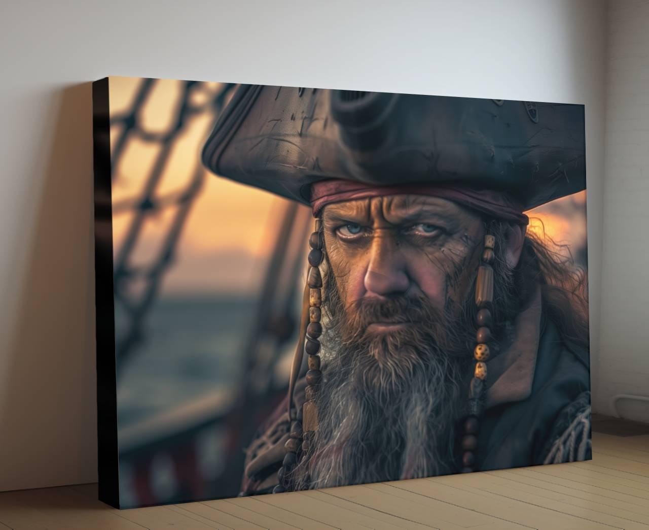 Pirate Captain Portrait Canvas, Weathered Sailor Close-Up Print, Bearded Sea Captain Wall Decor, Nautical Character Painting