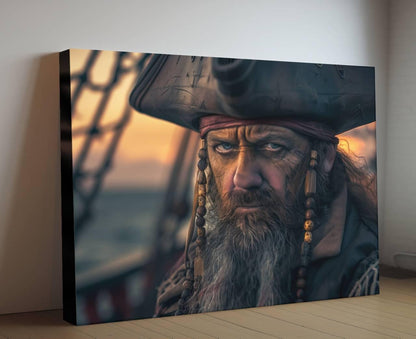 Pirate Captain Portrait Canvas, Weathered Sailor Close-Up Print, Bearded Sea Captain Wall Decor, Nautical Character Painting