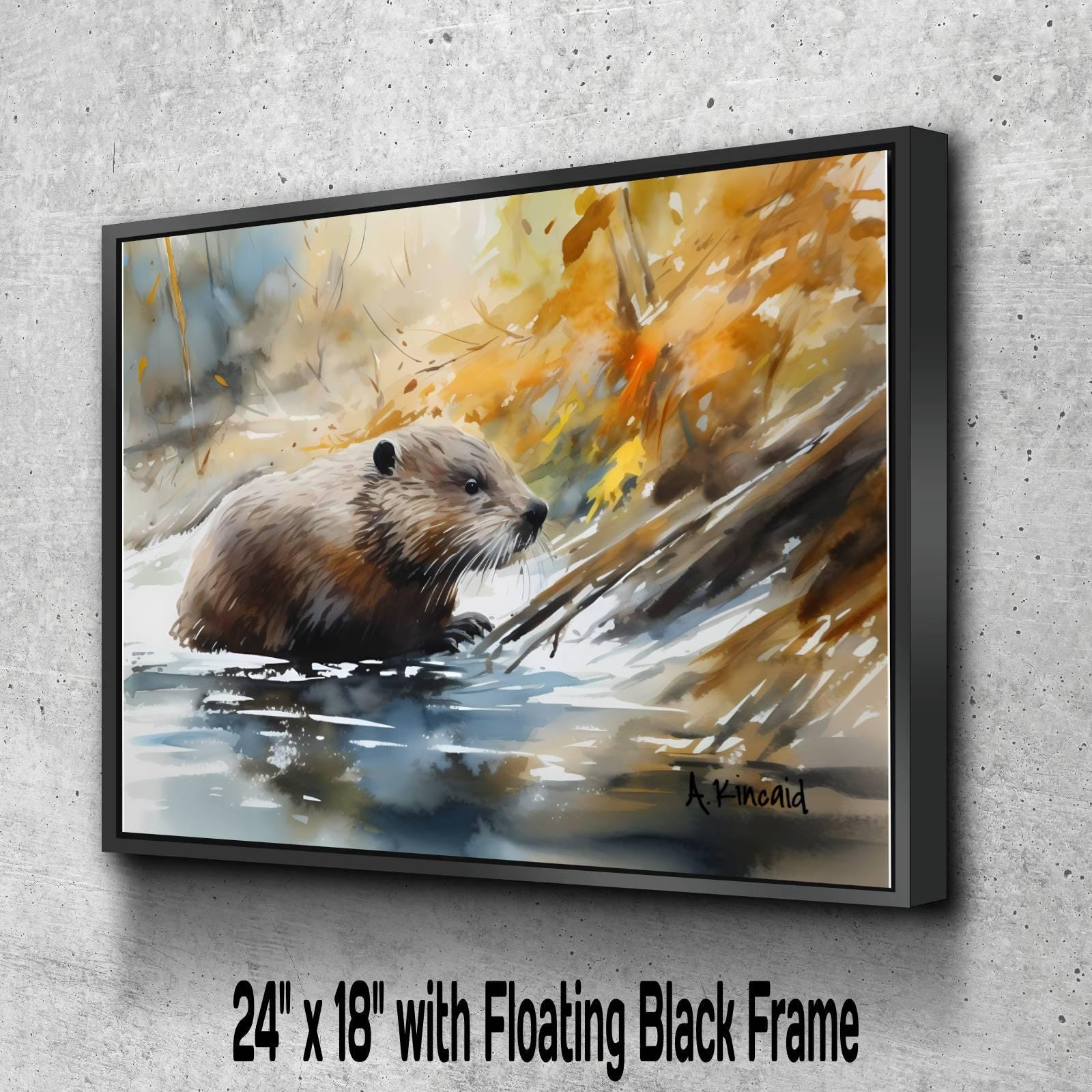 A painting of a beaver in a river, with a floating black frame.