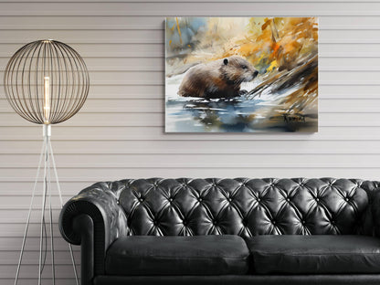a black leather couch in a living room setting, with a painting of a beaver in the background hanging on the wall above it.