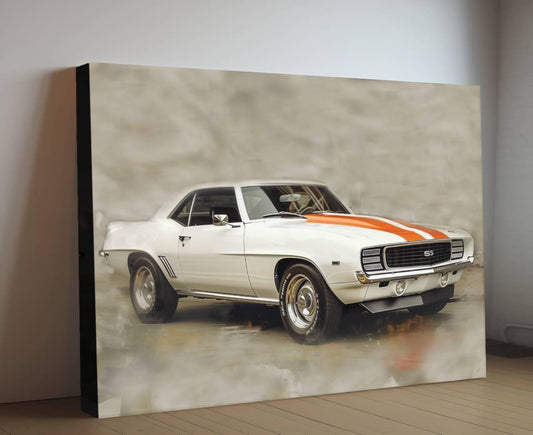 1969 Chevrolet Camaro RS/SS White Orange Canvas Print | Vintage Auto Wall Art Decor | Retro Muscle Car | Car Lovers Poster Gift