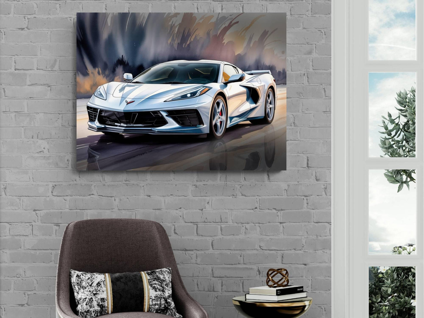 2025 C8 Corvette White #2 Canvas Wall Decor | Chevrolet Sports Car Print | Modern Auto Poster | Car Lover Gift | C8 Vette Car Gift for Man