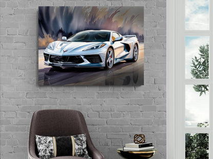 2025 C8 Corvette White #2 Canvas Wall Decor | Chevrolet Sports Car Print | Modern Auto Poster | Car Lover Gift | C8 Vette Car Gift for Man