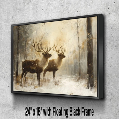 Winter Reindeer Art Print | Rustic Woodland Animals Wall Decor | Snowy Forest Nature Painting | Farmhouse Home | Stag Antler Wildlife