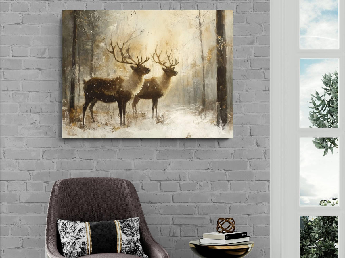 Winter Reindeer Art Print | Rustic Woodland Animals Wall Decor | Snowy Forest Nature Painting | Farmhouse Home | Stag Antler Wildlife